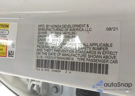 2021 Honda Accord Sport z USA, uszkodzony, nr VIN 1HGCV1F30MA098518